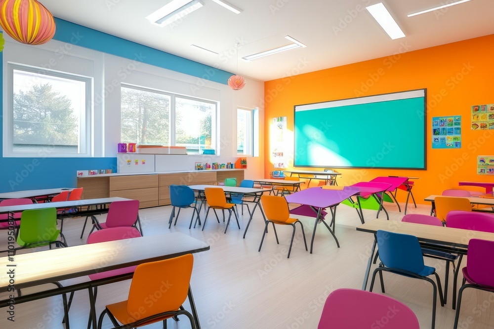 Modern school classroom, colorful chairs and desks, interactive smart board at the front, bright lighting and engaging decorations on the walls Modern school classroom, colorful chairs and desks, interactive smart board at the front, bright lighting and engaging decorations on the walls