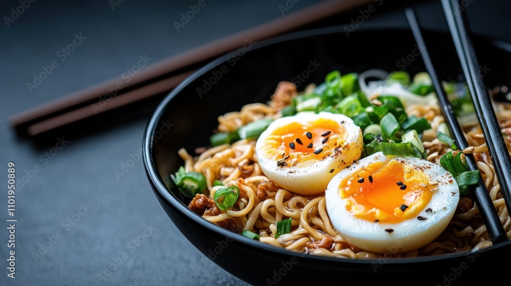 A black bowl filled with hearty noodles accompanied by seasoned beef and boiled eggs, garnished with fresh green onions, offers a comforting, appetizing restaurant-worthy presentation. A black bowl filled with hearty noodles accompanied by seasoned beef and boiled eggs, garnished with fresh green onions, offers a comforting, appetizing restaurant-worthy presentation.