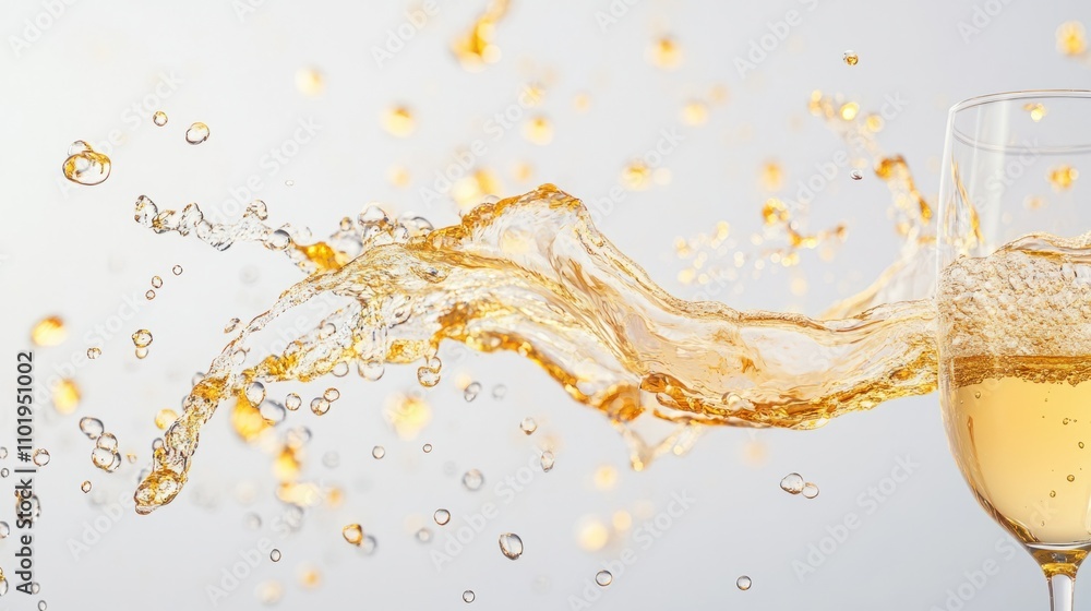 Golden champagne splashing dynamically in a flute, surrounded by bubbles and motion, on a crisp white backdrop Golden champagne splashing dynamically in a flute, surrounded by bubbles and motion, on a crisp white backdrop