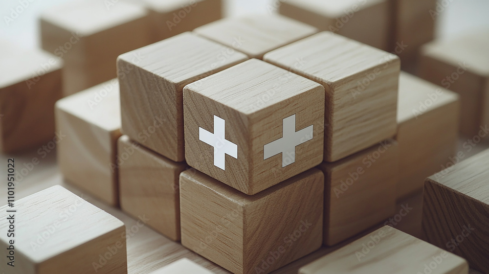 With focus, he organizes wooden cubes, creating a layered presentation of healthcare and insurance concepts. With focus, he organizes wooden cubes, creating a layered presentation of healthcare and insurance concepts.