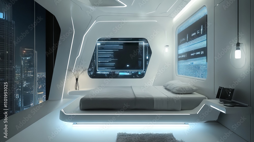 Fototapeta premium Modern sci-fi bedroom with a floating bed and digital walls