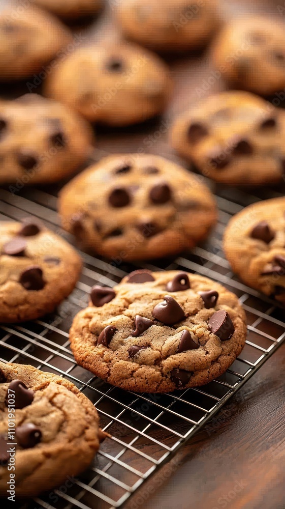 Freshly baked chocolate chip cookies cooling on a wire rack, showcasing a delightful golden-brown color and gooey chocolate chunks. Freshly baked chocolate chip cookies cooling on a wire rack, showcasing a delightful golden-brown color and gooey chocolate chunks.