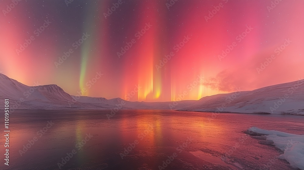A stunning display of the Northern Lights over a serene icy landscape at dusk. A stunning display of the Northern Lights over a serene icy landscape at dusk.