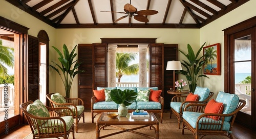 Colonial Caribbean style interiors with rattan furniture wooden shutters and tropical colors