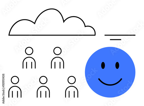 Cloud six stick figures large blue smiling face, minimalistic style. Ideal for teamwork, optimism, resilience, support, positivity, problem-solving, motivation. Line metaphor