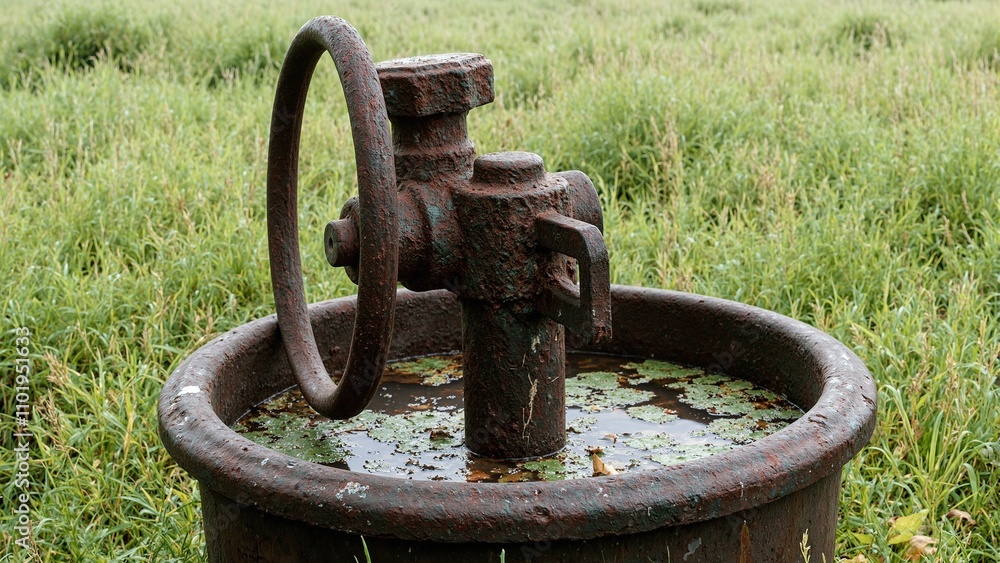 Rusted water pump in field with rainwater and tall grass Rusted water pump in field with rainwater and tall grass