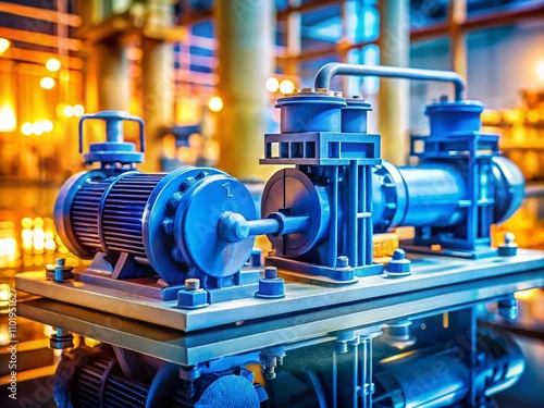 Tilt-Shift Photography of a Water Pump for Deionized Water Tank in a Modern Industrial Setting, Highlighting the Equipment and Water Flow Dynamics in a Miniature Effect photo