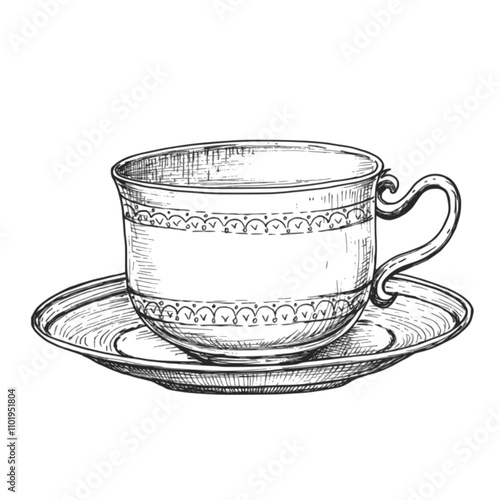 Tea cup sketch ink graphic illustration, draft silhouette drawing, black on white line art. Vintage etching food design.