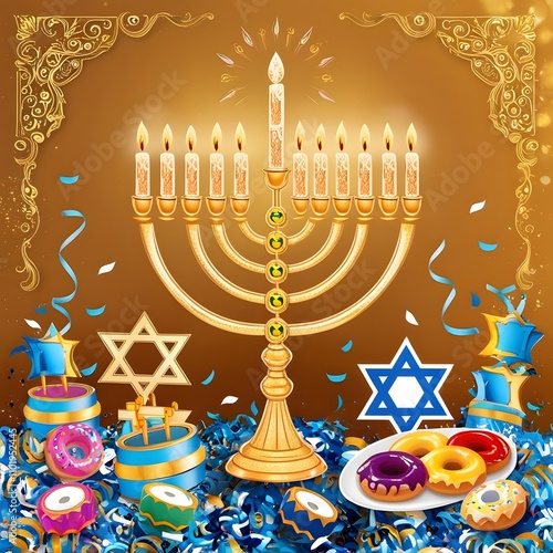 Golden Hanukkah Menorah with Vibrant Festive Details, Hanukkah Celebration with Candles, Donuts, and Dreidels, Elegant Hanukkah Scene Featuring Star of David and Menorah