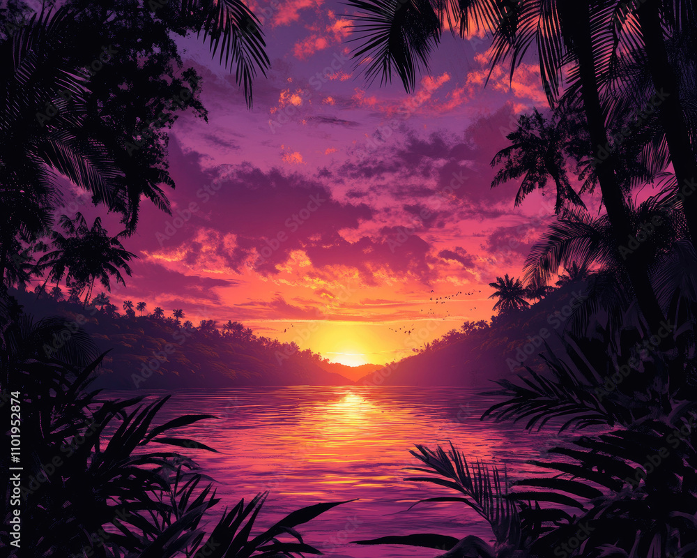 A dramatic tropical sunset with rich purples and deep blues, offering a peaceful yet vibrant evening sky A dramatic tropical sunset with rich purples and deep blues, offering a peaceful yet vibrant evening sky
