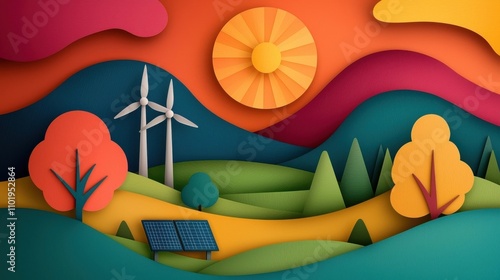 Colorful and dimensional papercut landscape depicting a scenic countryside setting with rolling hills forests and renewable energy sources like wind turbines and solar panels photo