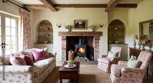 English country style spaces with floral fabrics wooden beams and cozy fireplaces
