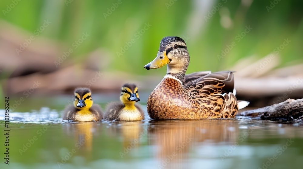 A mother duck guides her ducklings across a tranquil pond, portraying a heartwarming moment of family and togetherness amidst lush, vibrant greenery surrounding the water. A mother duck guides her ducklings across a tranquil pond, portraying a heartwarming moment of family and togetherness amidst lush, vibrant greenery surrounding the water.
