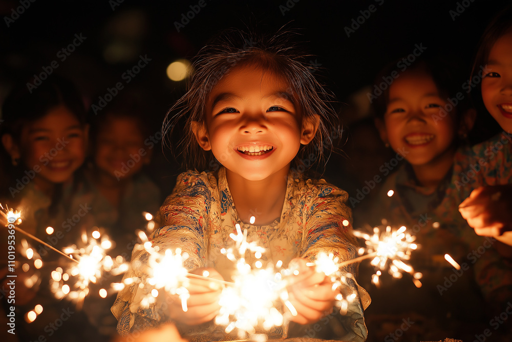 A group of children lighting sparklers together, giggling and enjoying the bright lights A group of children lighting sparklers together, giggling and enjoying the bright lights
