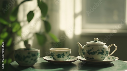 Wallpaper Mural Emerald porcelain tea set with wood dragon details for elegant table decor Torontodigital.ca