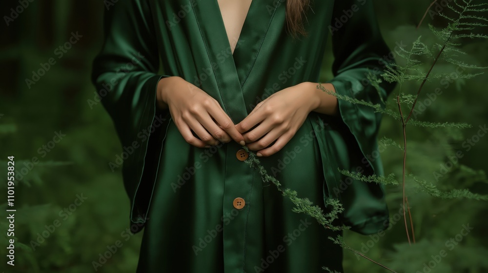 Naklejka premium Emerald silk robe with wooden buttons in a forest setting