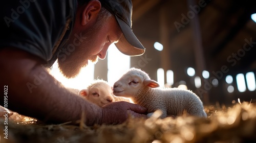 A man in a cap lovingly interacts with two adorable lambs in a sunlit barn interior, expressing connection, care, and compassion amidst a rustic farm setting.