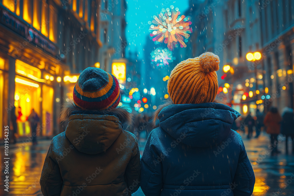 Excited kids in winter coats watching fireworks at night Excited kids in winter coats watching fireworks at night