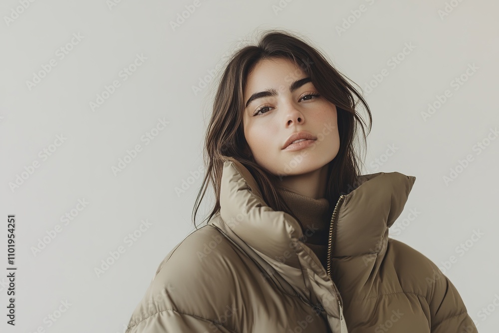 Chic woman in stylish puffer jacket posing Chic woman in stylish puffer jacket posing