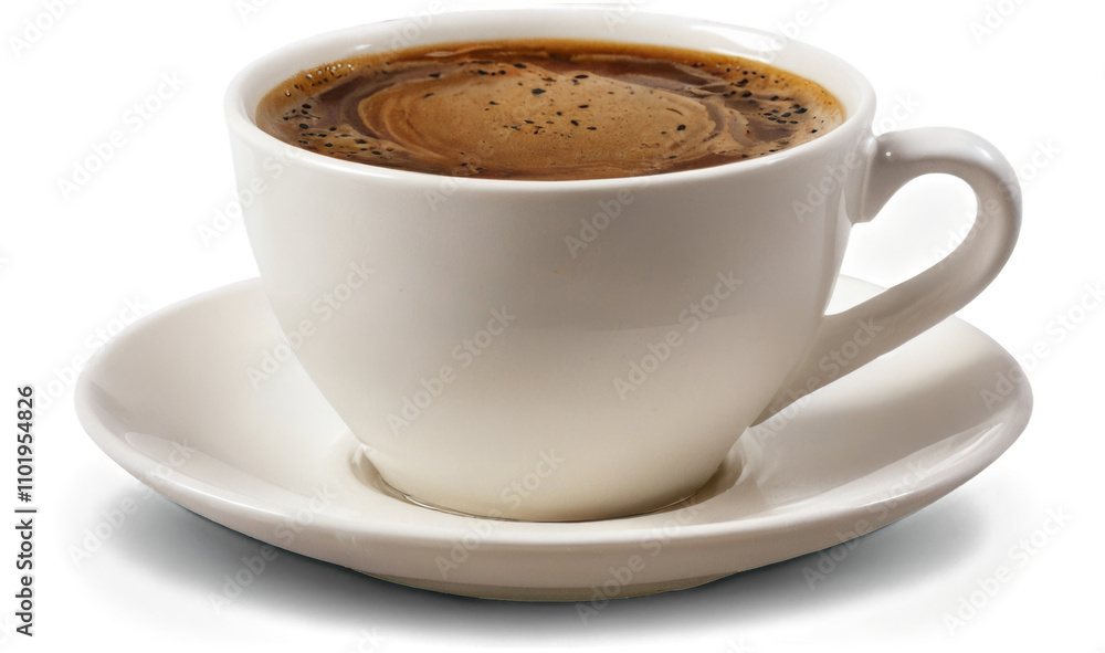 White coffee cup and saucer with dark liquid, on transparent background. White coffee cup and saucer with dark liquid, on transparent background.