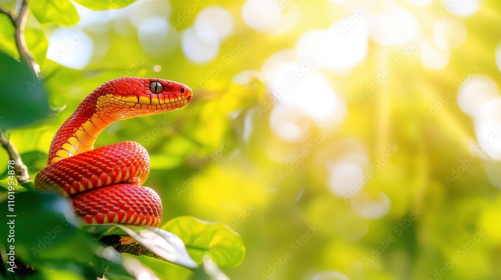animals reptiles migration Concept. A vibrant red snake rests among lush green leaves, illuminated by warm sunlight, showcasing nature's beauty and intricate wildlife. animals reptiles migration Concept. A vibrant red snake rests among lush green leaves, illuminated by warm sunlight, showcasing nature's beauty and intricate wildlife.