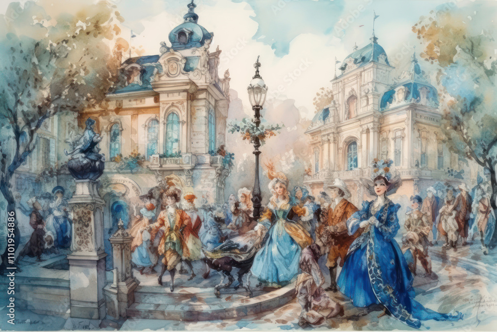 Obraz premium a lively urban scene featuring people dressed in luxurious Renaissance attire. 