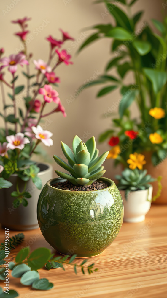 a bulb with a small succulent plant growing out of it in a lush green pot on a natural wooden desk surrounded by plants and flowers, eco system, nature inspired design a bulb with a small succulent plant growing out of it in a lush green pot on a natural wooden desk surrounded by plants and flowers, eco system, nature inspired design