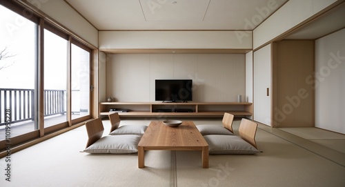 Japanese minimalism with low wooden furniture simple lines and neutral color schemes