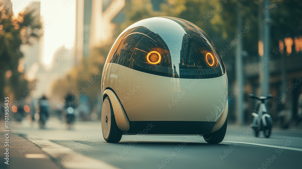 Futuristic autonomous pod navigating through a modern urban environment at sunset, blending cutting-edge technology with city living. Futuristic autonomous pod navigating through a modern urban environment at sunset, blending cutting-edge technology with city living.