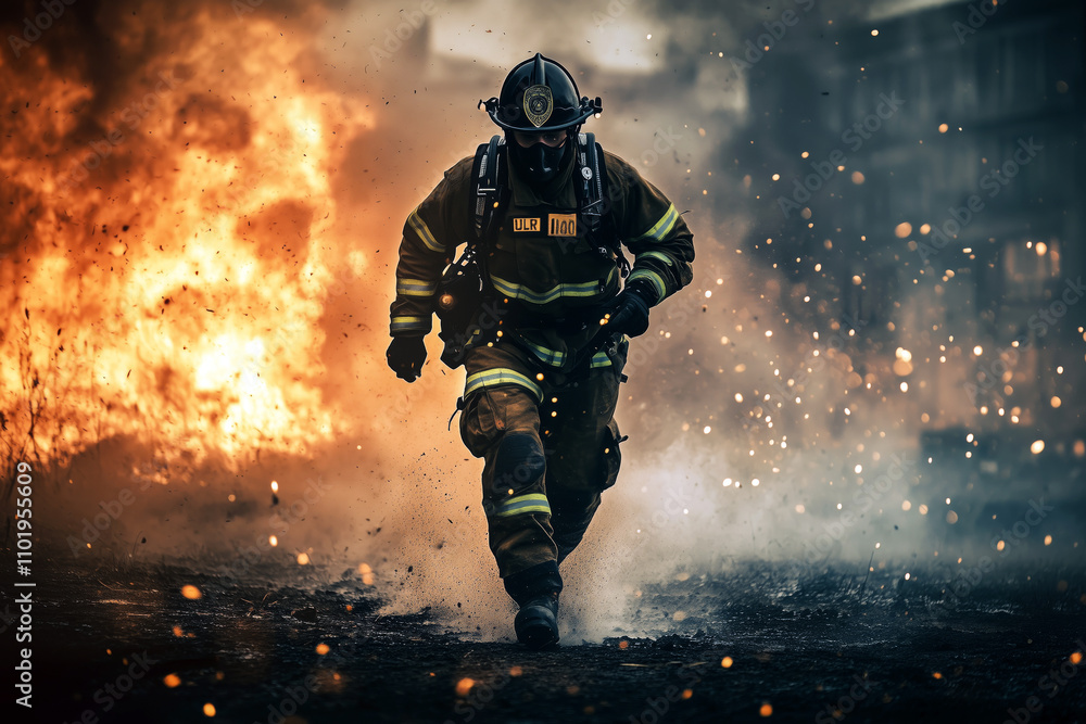 A firefighter running through a burning building, smoke and flames surrounding them, adrenaline and urgency in the moment. A firefighter running through a burning building, smoke and flames surrounding them, adrenaline and urgency in the moment.