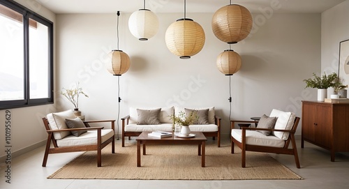Korean inspired rooms with minimalist wooden furniture paper lanterns and neutral tones