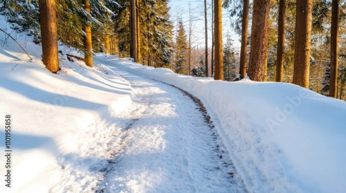 A sun-dappled trail winds through a snowy forest, with towering trees casting long shadows and the snow sparkling under the clear blue sky. photo