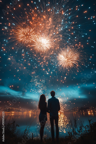 A couple looking up to the sky watching fireworks at night