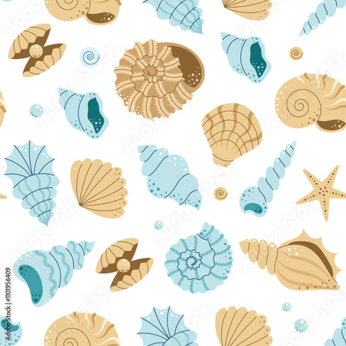 Seamless pattern with seashells, starfish, mollusks. Tropical underwater beach. Ocean exotic. Flat vector illustration