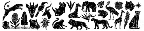 African animal linocut print set, hand drawn jungle flower nature shape vector wild predators print. Safari exotic design element, lion, giraffe, monkey, cheetah rhino silhouette. African animal logo