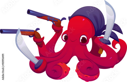 Cartoon funny octopus pirate animal character. Isolated vector menacing kraken sailor brandishing guns and sabers, its tentacles swirling with mischief, ready for a nautical adventure on the high seas