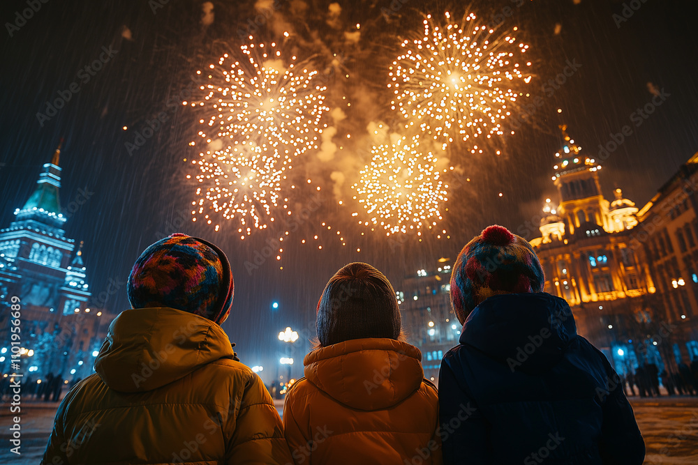 Excited kids in winter coats watching fireworks at night Excited kids in winter coats watching fireworks at night