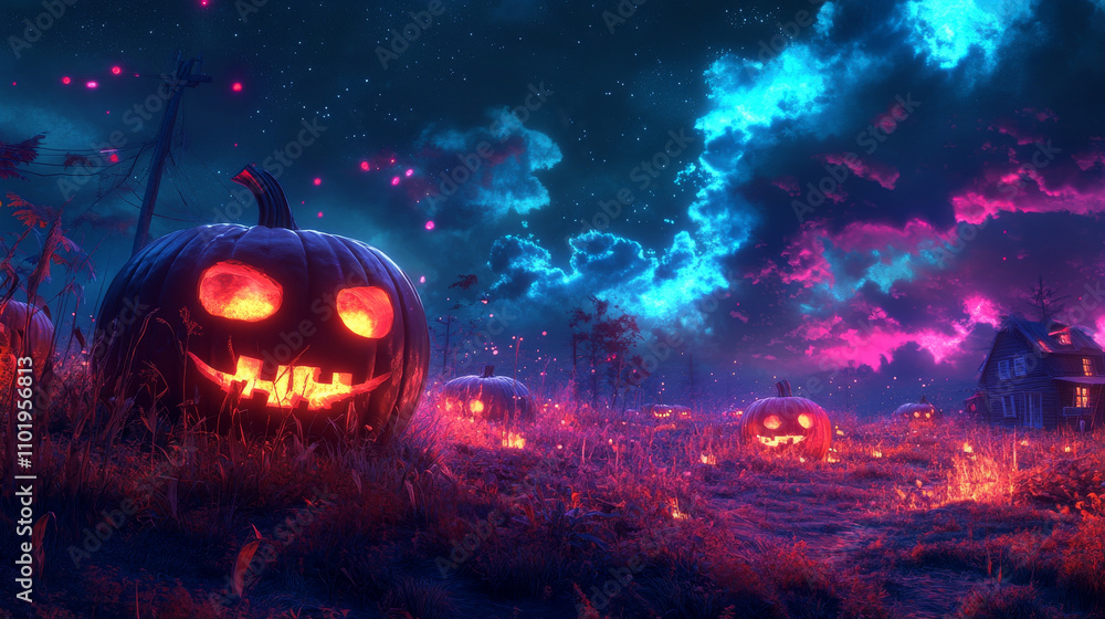 Naklejka premium spooky Halloween scene featuring glowing pumpkins in dark, atmospheric landscape with starry sky and colorful clouds. eerie ambiance evokes sense of mystery and excitement
