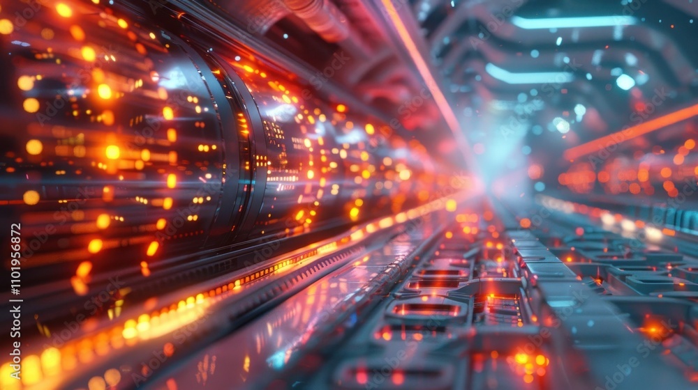 Obraz premium Futuristic illuminated corridor with vibrant neon lights dynamic energy flow and a hypnotic kaleidoscopic pattern of luminous geometric lines and shapes