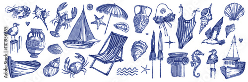Summer vacation illustration set, watercolor seashore travel objects, hand drawn vector yacht, boat. Ocean voyage vintage icon, nautical beach art collection, sun, seagull. Summer vacation design