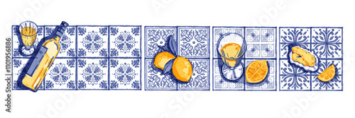 Mediterranean azulejo table ceramic, vector watercolor summer Italian illustration, limoncello glass. Blue mosaic ornament tile, wine bottle, Sicily lemon cafe decoration border. Mediterranean azulejo