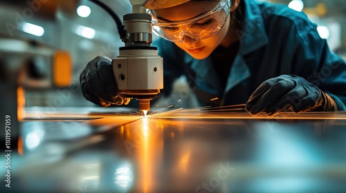 Factory worker in protecvtive cutting material with laser photo