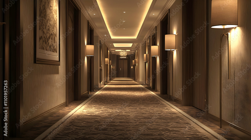 Softly lit hallway with plush carpet, providing an inviting, elegant vibe. Softly lit hallway with plush carpet, providing an inviting, elegant vibe.