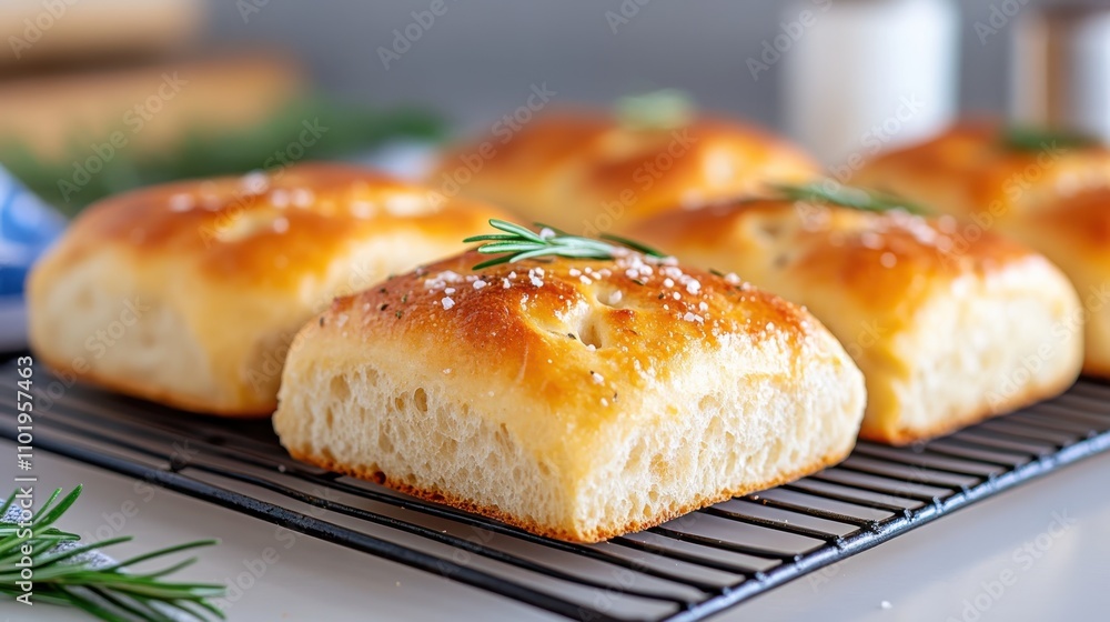 Freshly baked golden brown bread rolls cooling on a metal rack, topped with a touch of coarse salt and rosemary, capturing the essence of warm homemade baking. Freshly baked golden brown bread rolls cooling on a metal rack, topped with a touch of coarse salt and rosemary, capturing the essence of warm homemade baking.