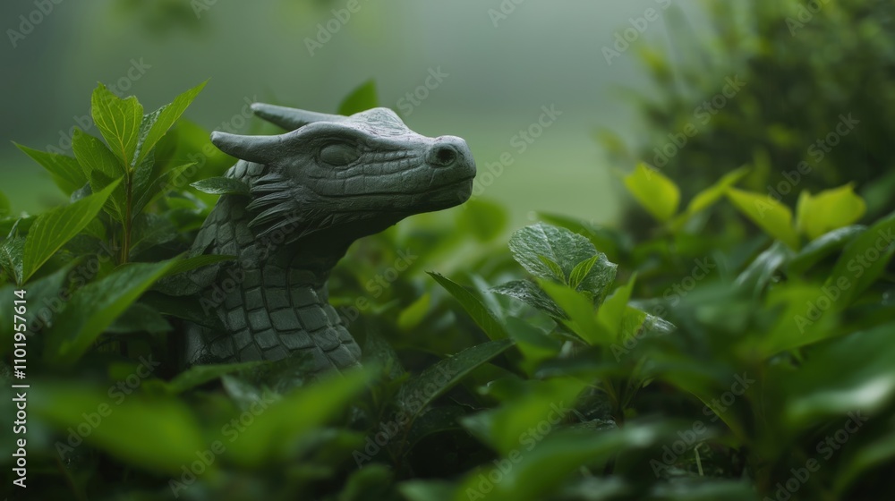 Obraz premium Mystical dragon statue in lush forest garden on a tranquil spring morning