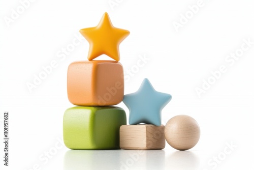 Colorful stacking blocks with stars and shapes arranged tastefully, ideal for children's educational materials, toy advertisements, or blogs focused on child development and creativity, photo