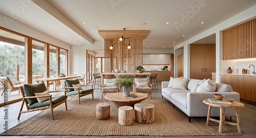 Open concept spaces with casual relaxed furniture natural materials and soft lighting