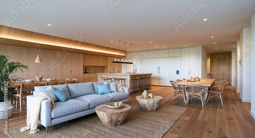 Open concept spaces with casual relaxed furniture natural materials and soft lighting