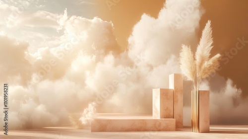 Serene Beige Cloudscape Minimalist Product Display with Pampas Grass
