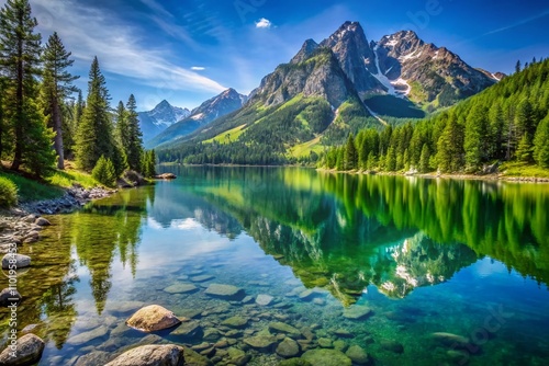 Tranquil Summer Day at Jenny Lake with Majestic Mountains and Clear Blue Sky Perfect for Nature Lovers and Outdoor Adventures